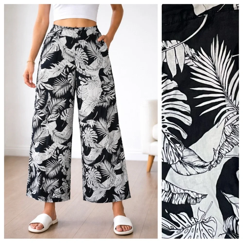 Christian Siriano Linen Tropical Wide Leg Pants black white floral 54287 - Picture 2 of 11
